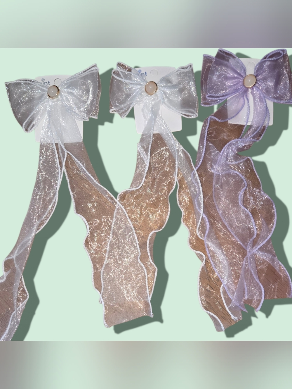 Mint Girls Sheer Ribbon Bow Hair Clips in White and Lavender